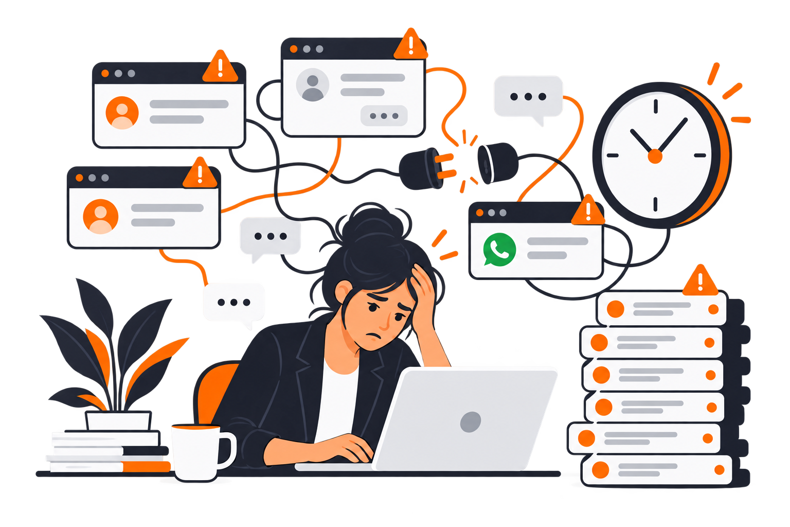 Overwhelmed support agent managing scattered WhatsApp conversations manually without automation