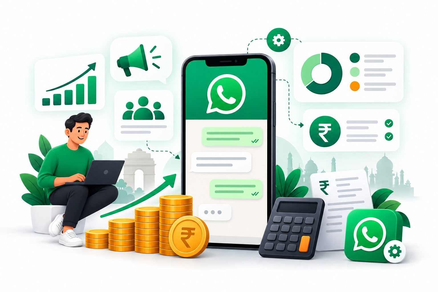 WhatsApp Business API pricing in India with rupee coins, growth chart, and calculator